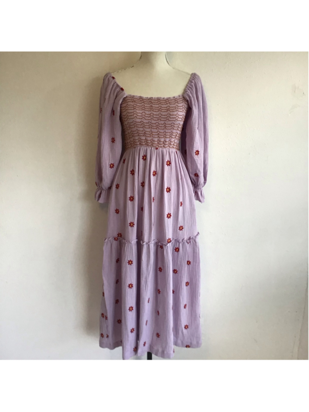 Unbranded Women Elegant Fun Long Sleeve Floral Midi Dress Lavender Red Size M